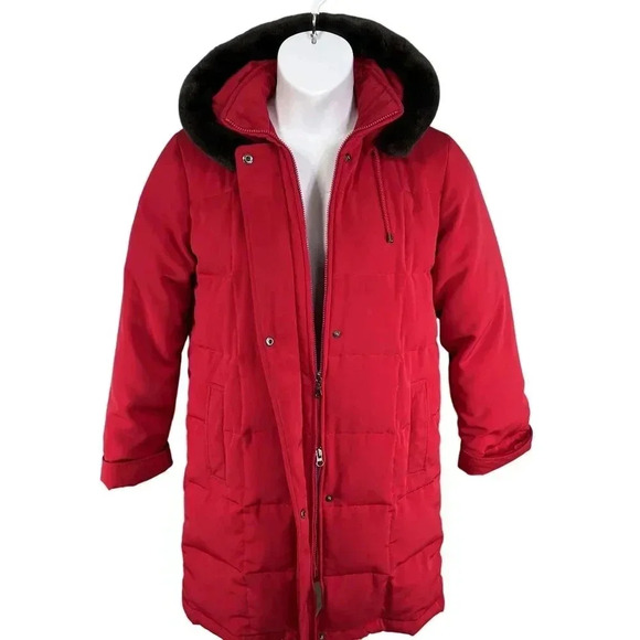 Centigrade Womens XS Down Red Jacket Removable Faux Fur Hood Long Quilted Coat - Picture 3 of 16